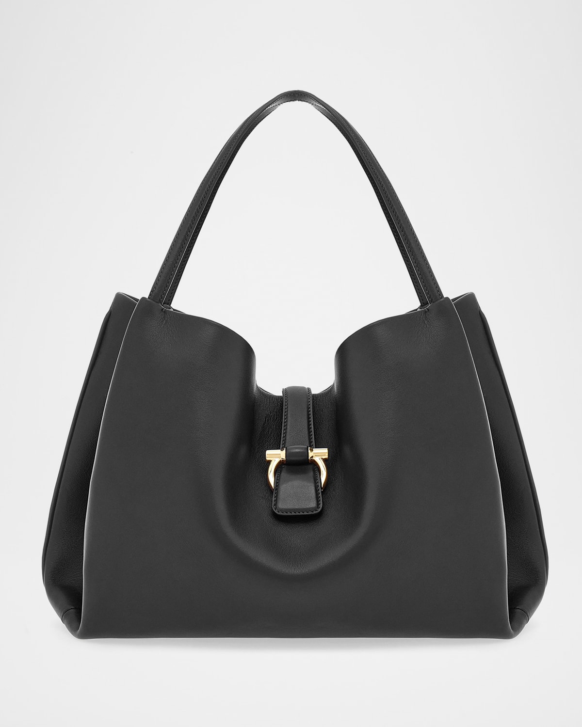 Ferragamo Gancini Medium Leather Tote Bag In Nero