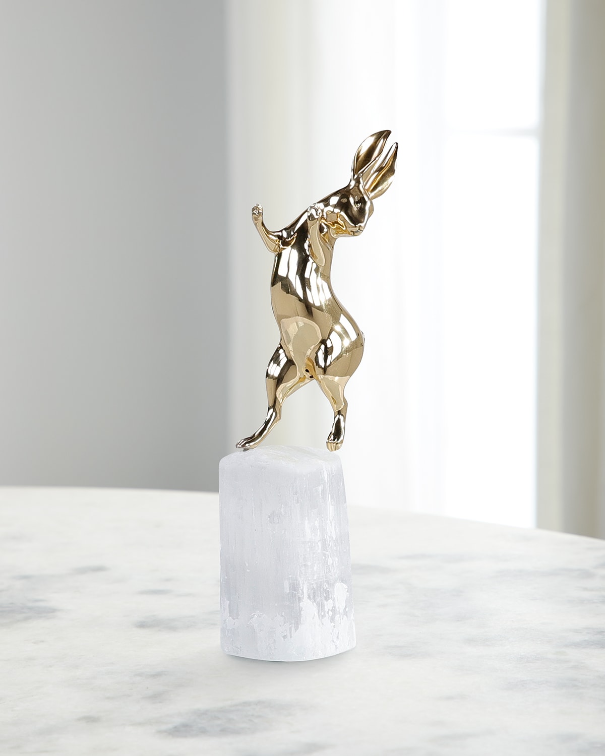 John-richard Collection Dancing Bunny Sculpture On Selenite In Brass