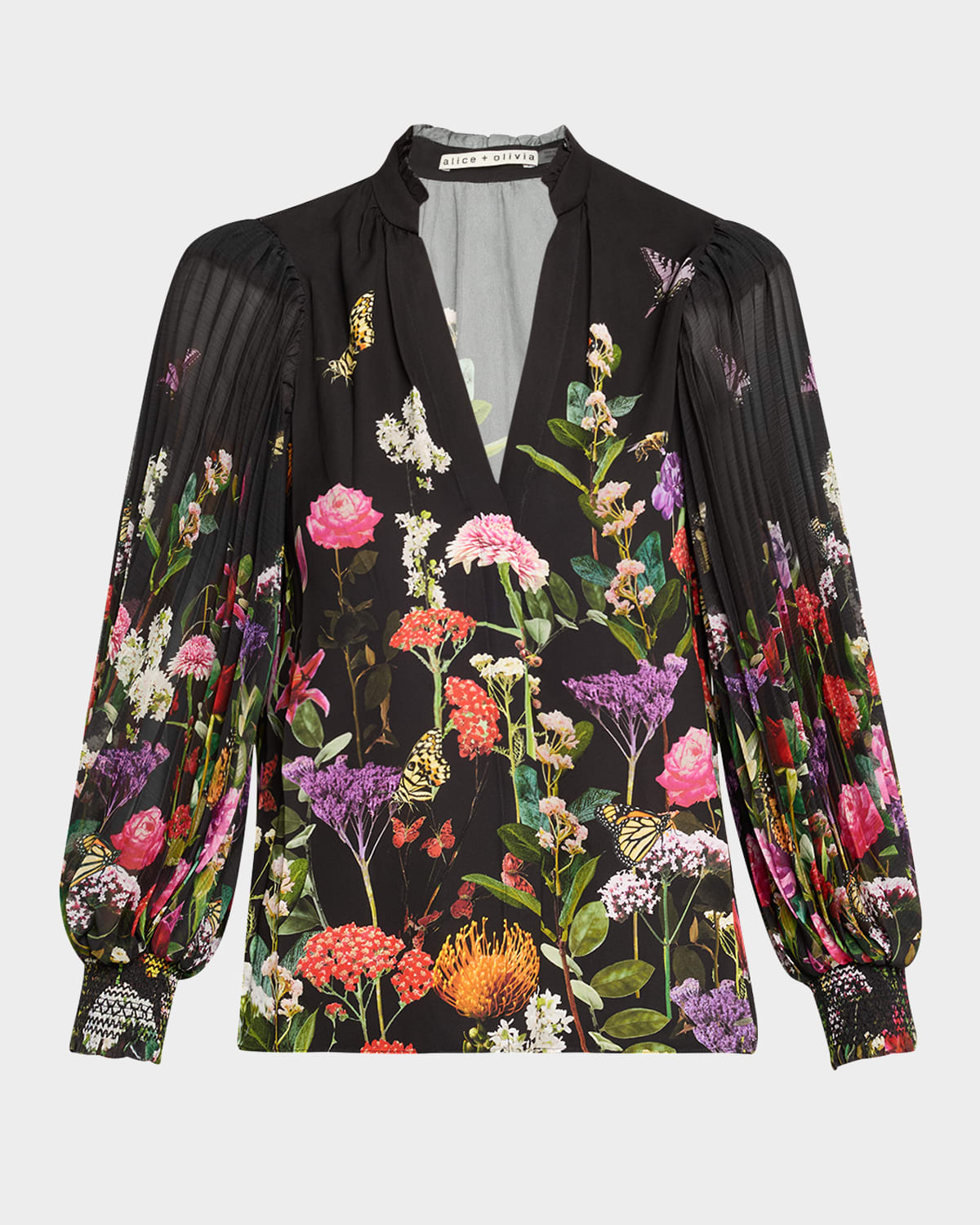Alice And Olivia Ilan Pleated Blouson Sleeve Button Front Blouse Secret Garden In Secret Garden