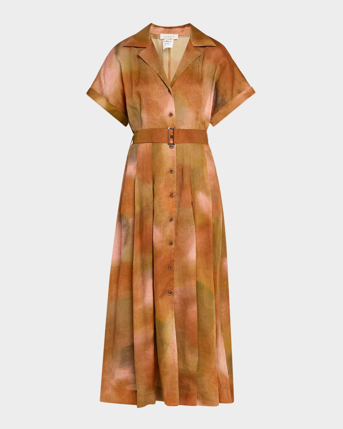 Shop Lafayette 148 Belted Notched-lapel Midi Shirtdress In Red Ochre Multi