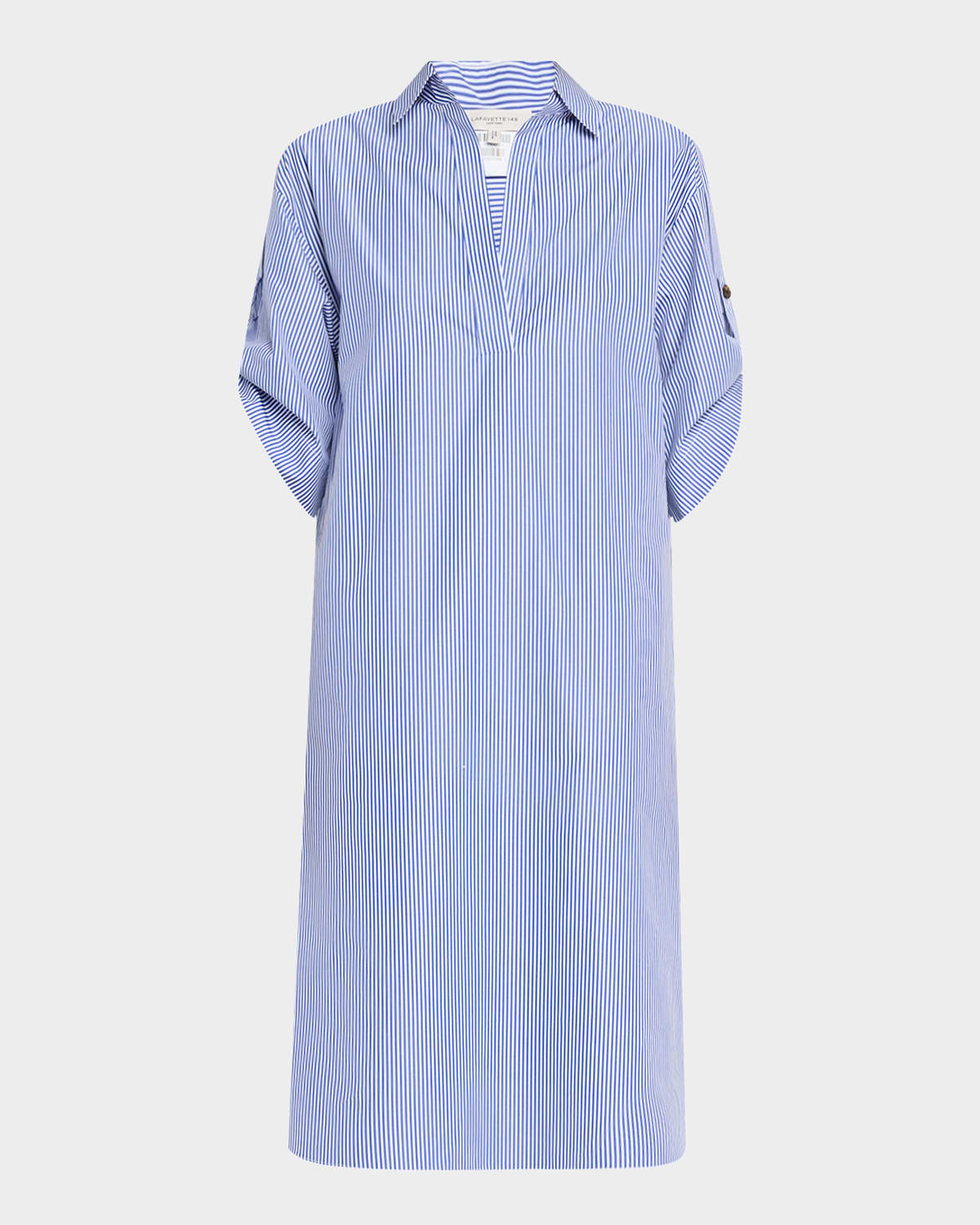 Striped Rolled-Sleeve Linen Midi Shirtdress