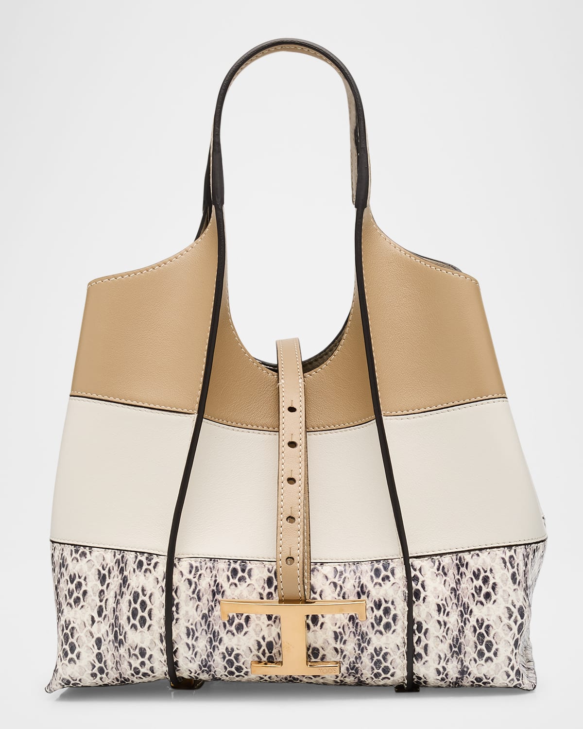 Tod's Mini Tricolor Snake-print Leather Shopping Tote Bag In Corda Bianco Calce
