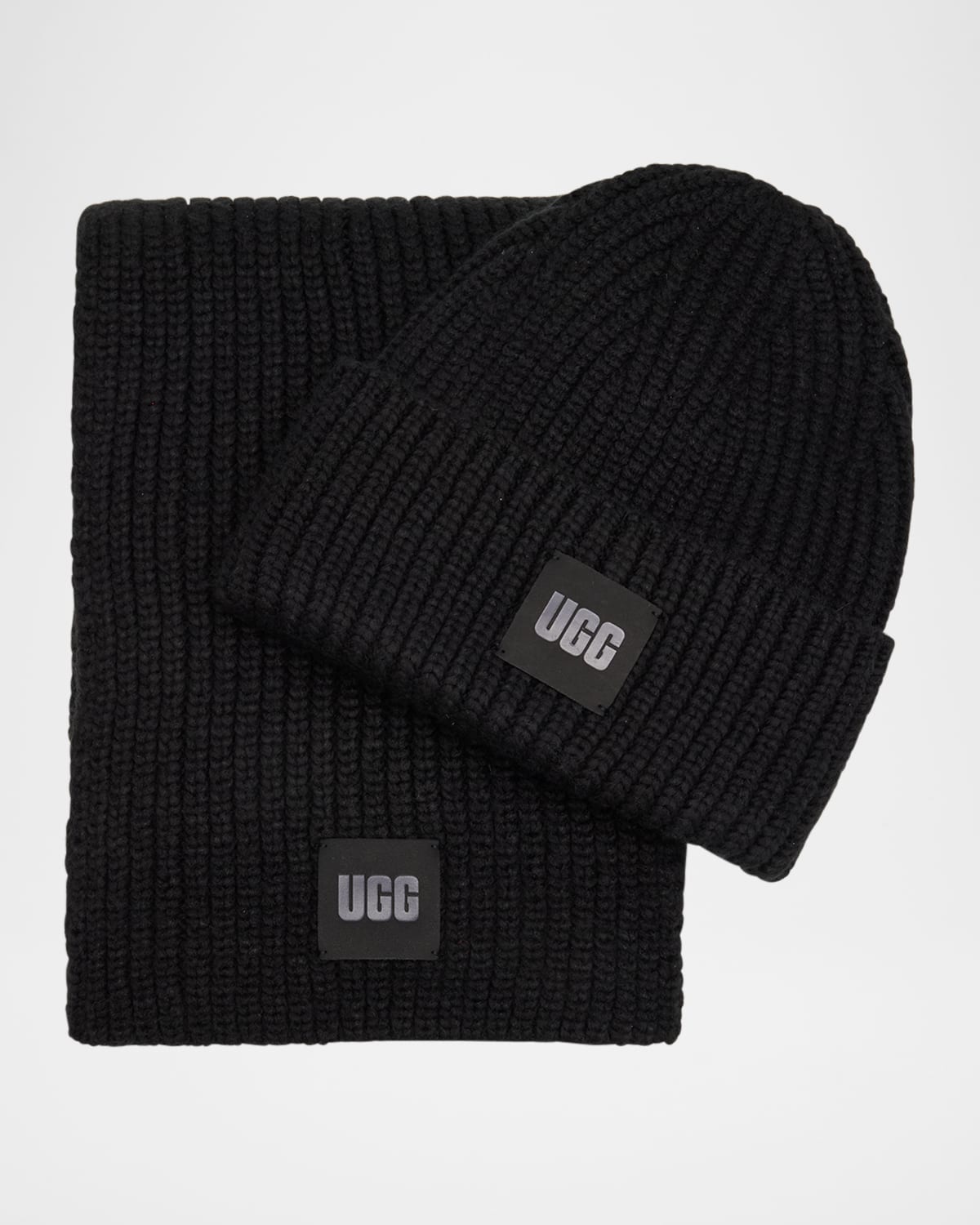 Ugg Chunky Knit Beanie & Scarf Set In Black