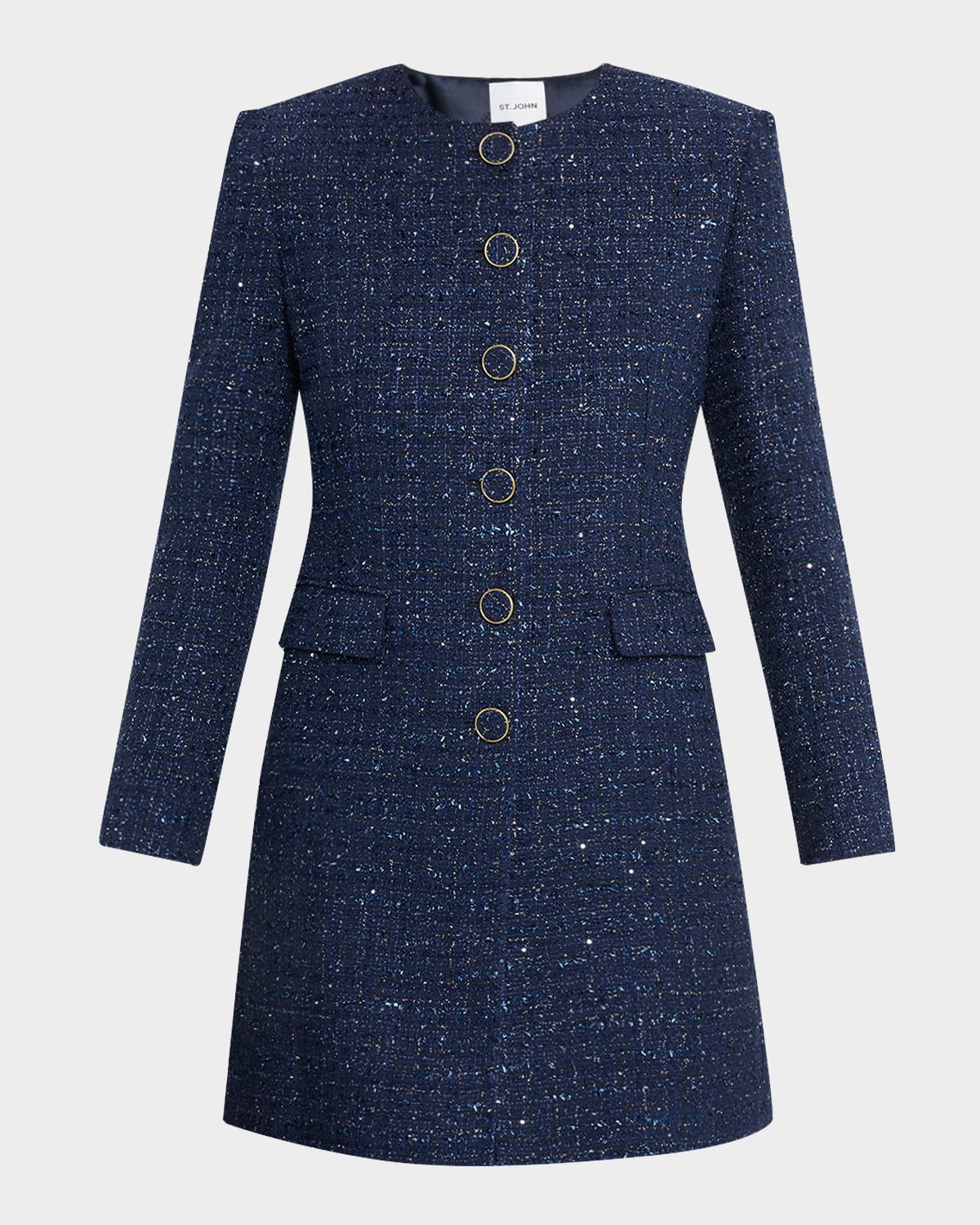 St John Sequined Micro Check Tweed Long Jacket In Mdlm