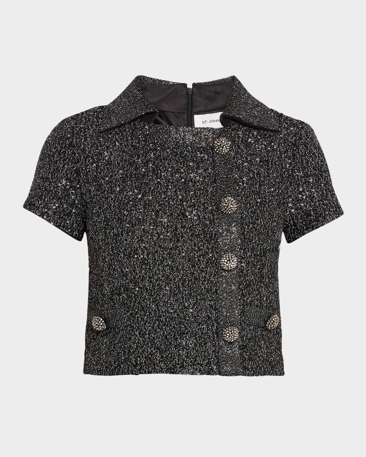 St John Lurex Knit And Signature Stretch Sequin Knit Collar Jacket W Decorative Buttons In Black