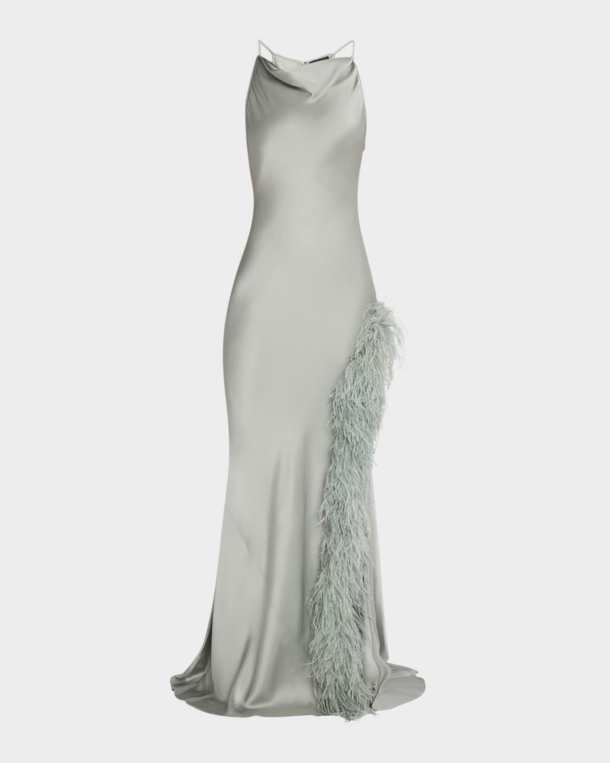 Lapointe Satin Halter Gown With Feathers In Jade