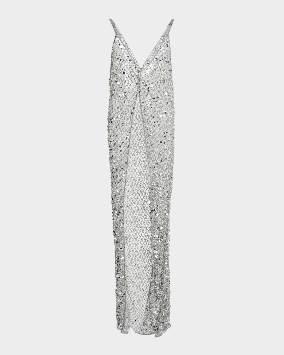 V-Neck Sequined Net Mesh Long Cami
