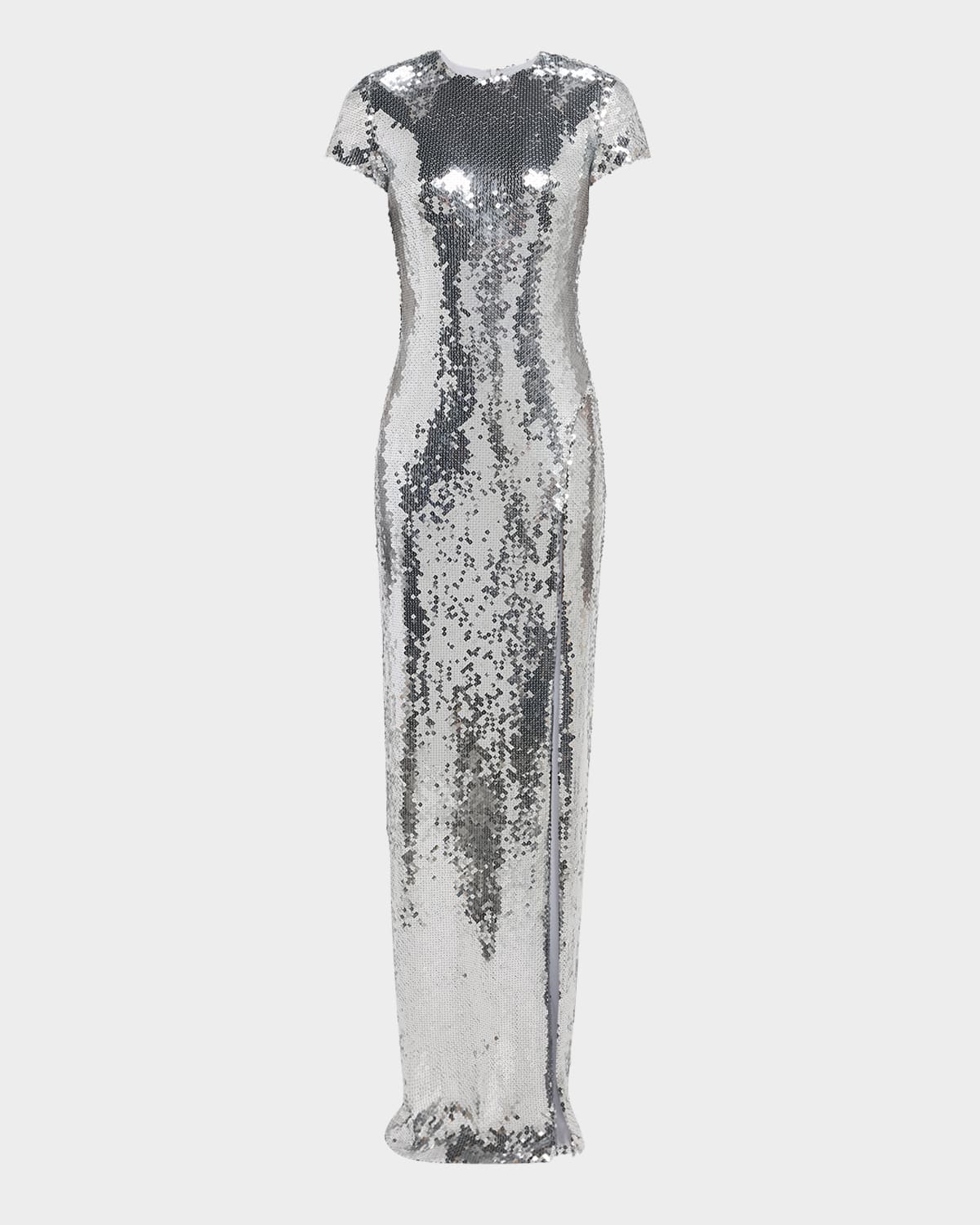 Sequined Short-Sleeve High Slit Gown