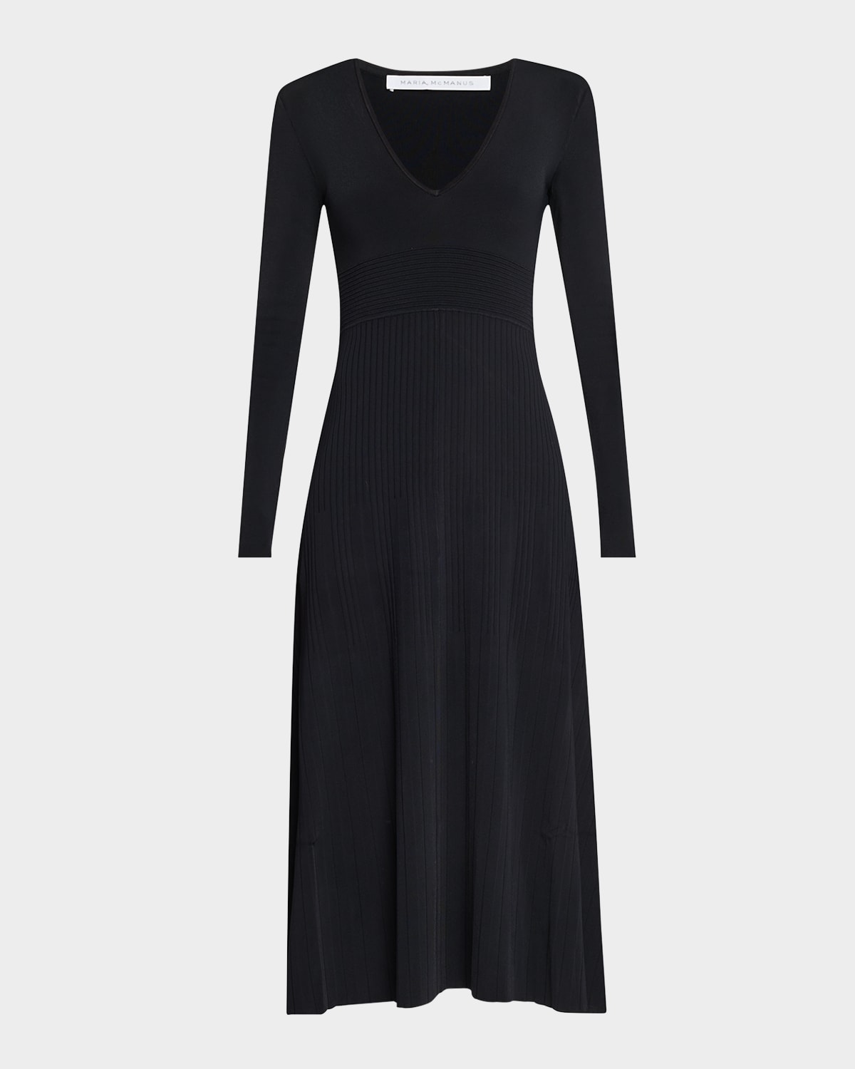 V-Neck Long-Sleeve Pleated Midi Dress