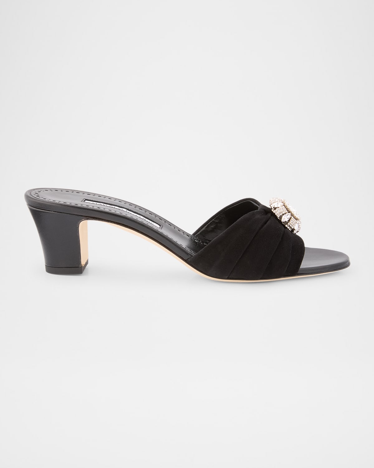 Ruched Suede Crystal Slide Sandals