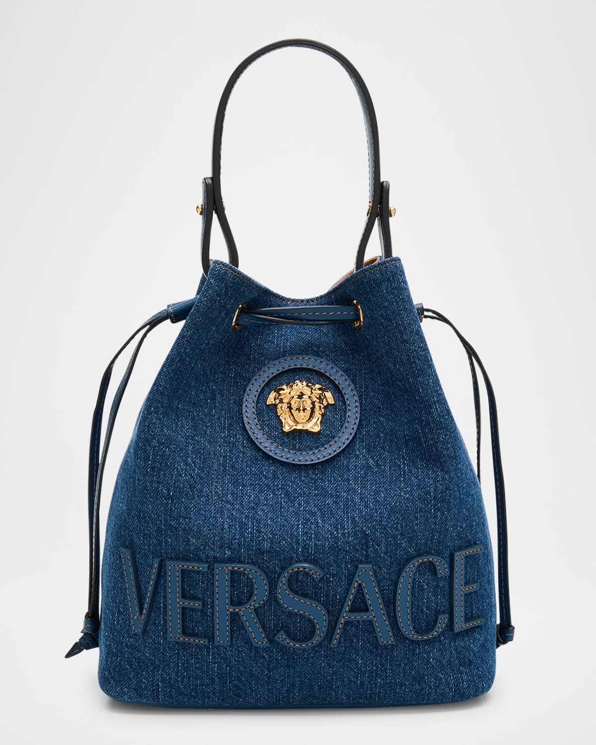 Versace La Medusa Denim Bucket Bag In Navy Blue