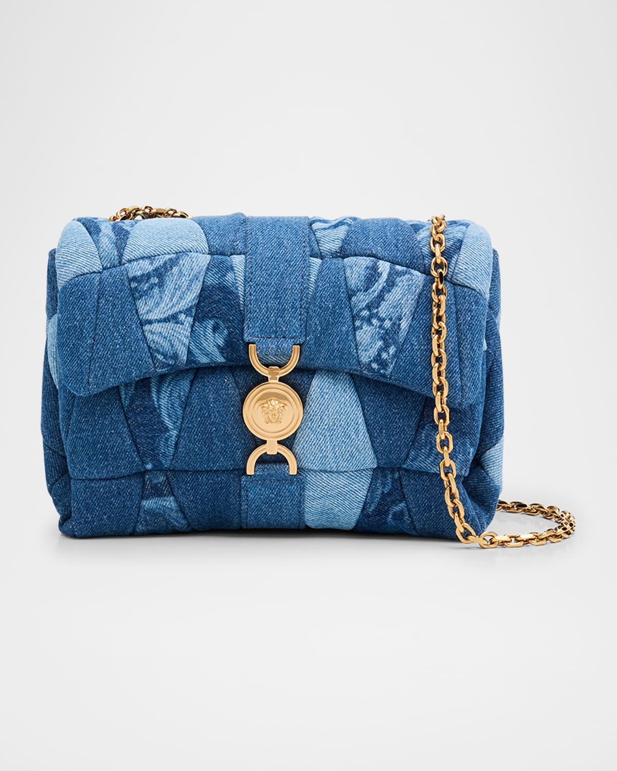 Versace La Medusa Kleio Quilted Denim Shoulder Bag In Blue