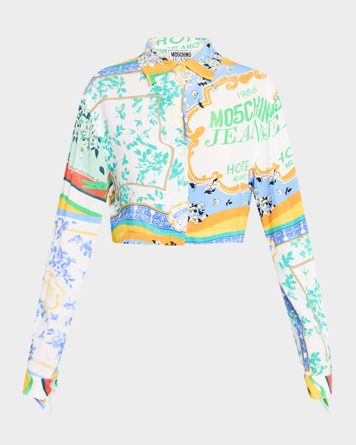 Cropped Long-Sleeve Scarf-Print Blouse
