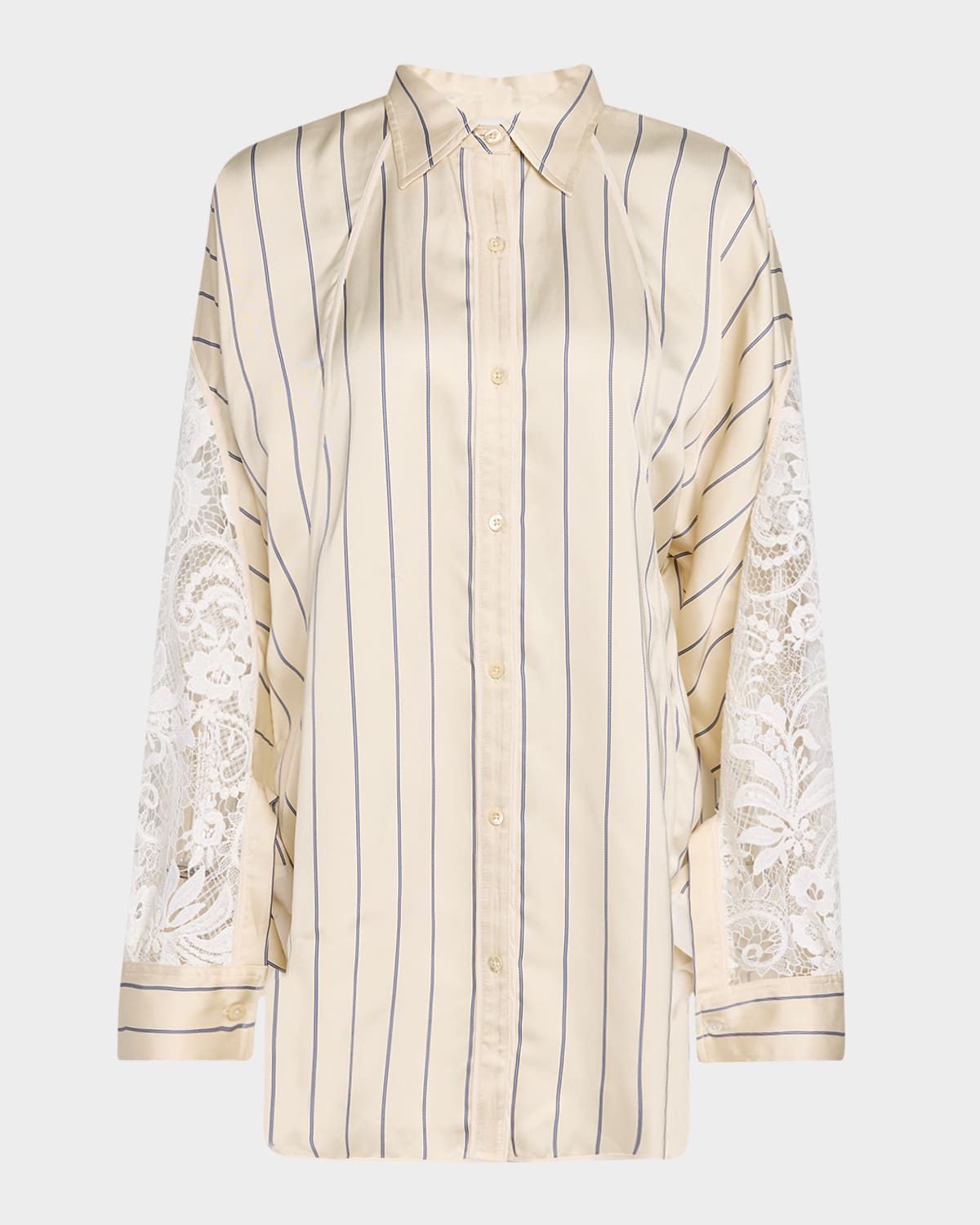 Stripe Satin Draped-Sleeve Shirt