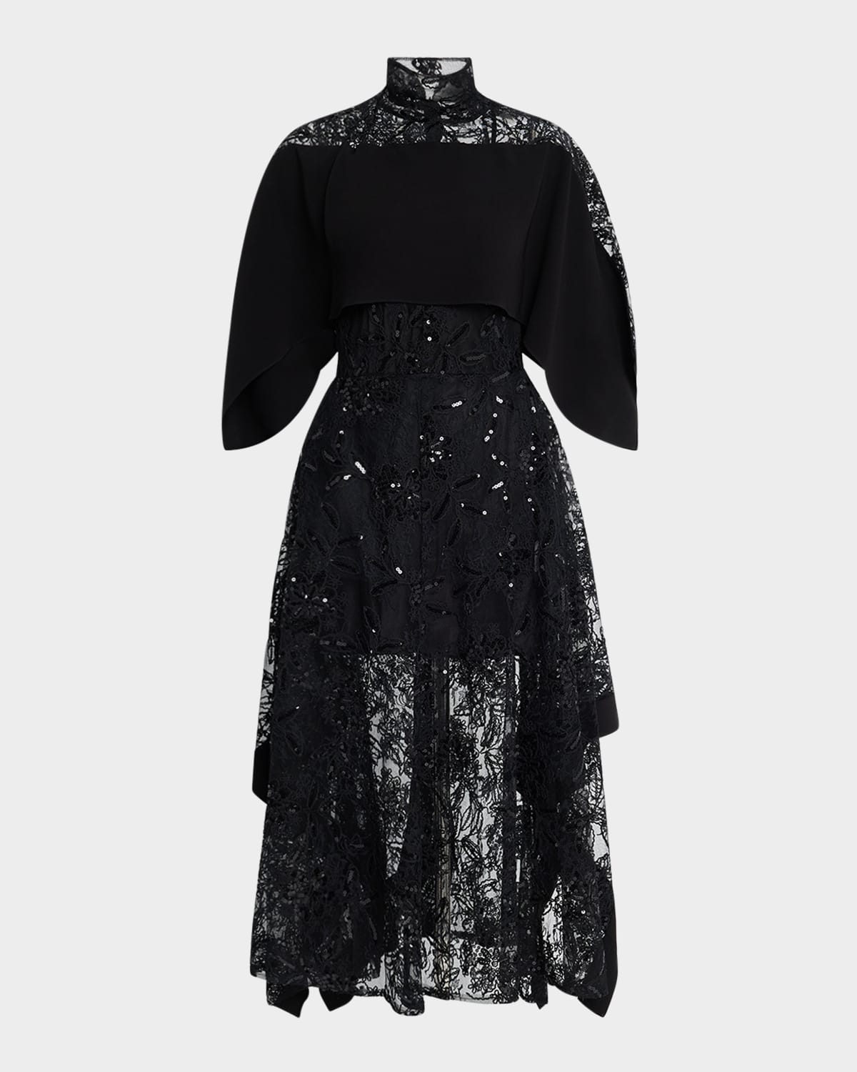 3.1 PHILLIP LIM SEQUINED LACE MOCK-NECK FLOUNCE DRESS 