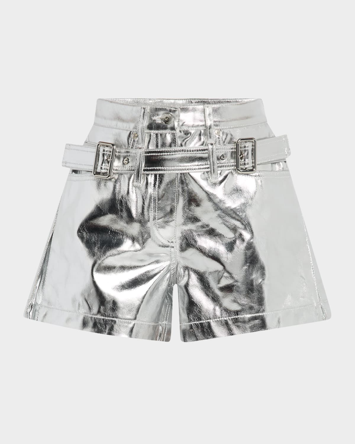 Shop Rabanne Double-buckle Metallic Foiled Denim Shorts