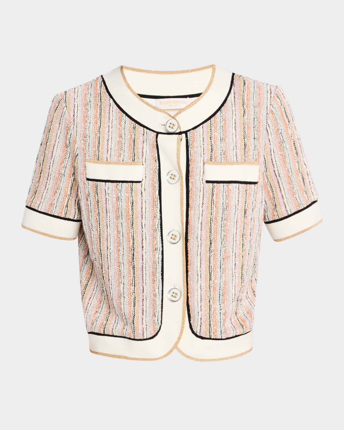Ramy Brook Sterling Sequin Knit Short Sleeve Jacket In Sequin Stripe
