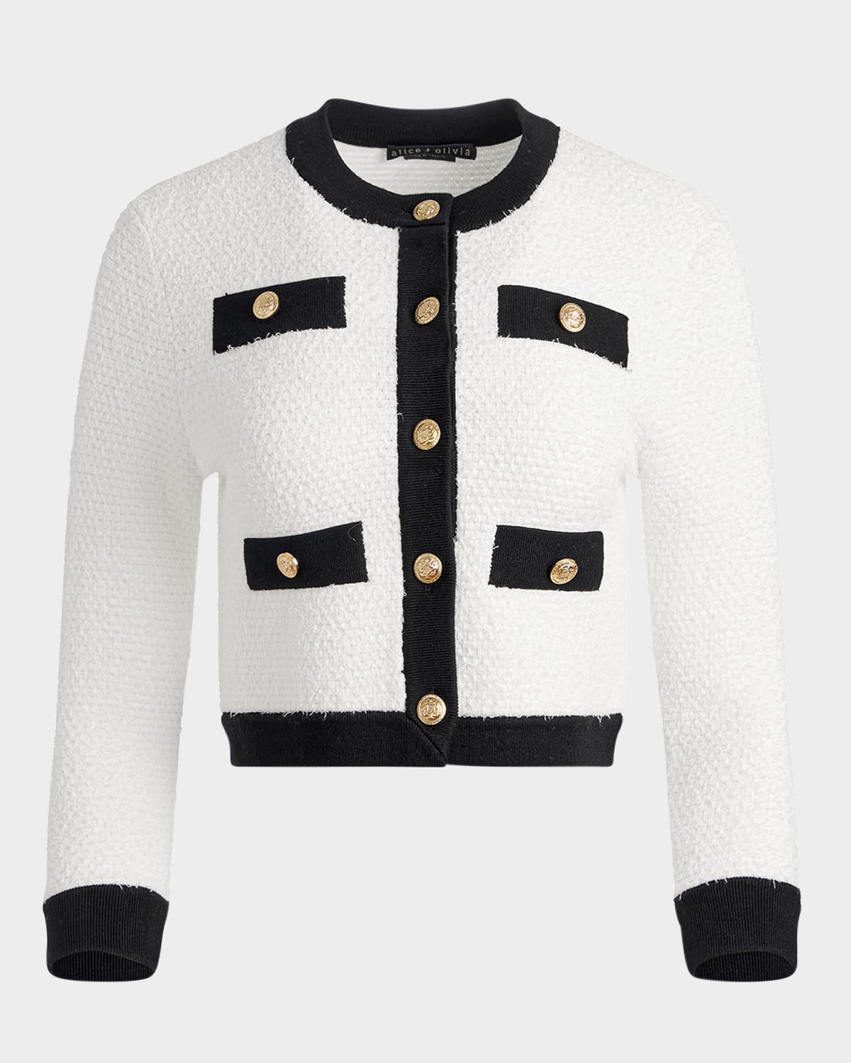 Shop Alice And Olivia Claira Cropped Cardigan In Soft White/black