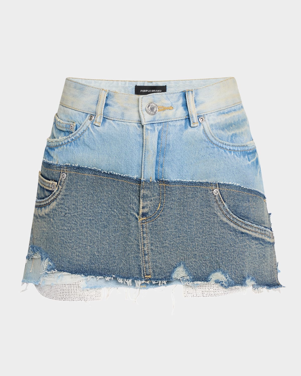 Purple Deconstructed Double Denim Mini Skirt In Lt Indigo