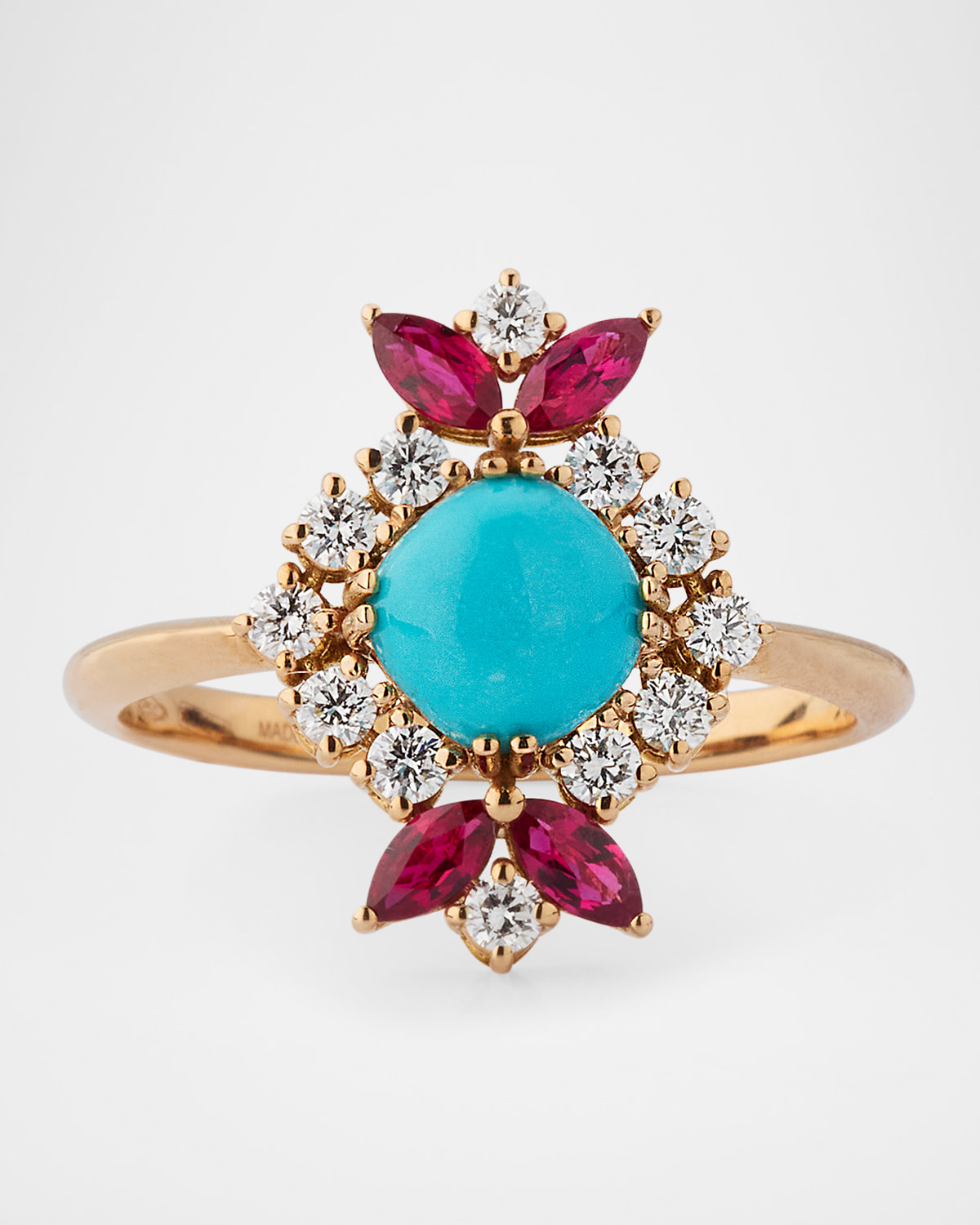 Sleeping Beauty 18K Rose Gold Diamond, Turquoise, and Ruby Ring