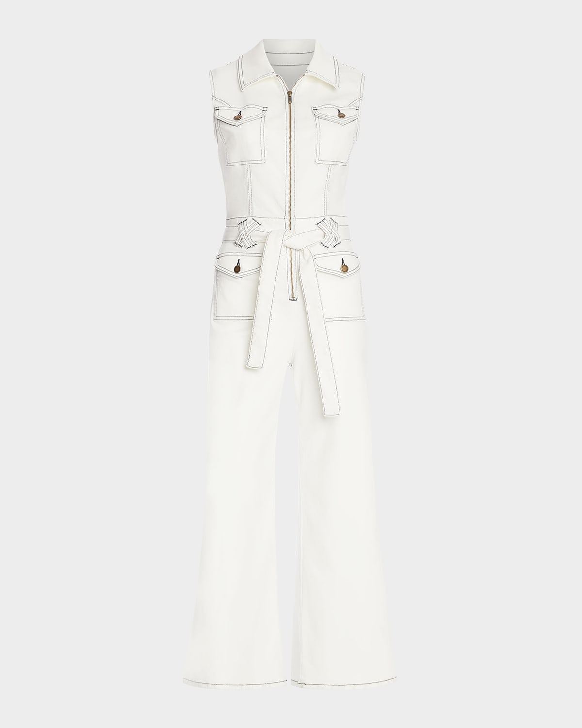 Ramy Brook Bell Contrast Stitch Denim Jumpsuit In White Wnavy