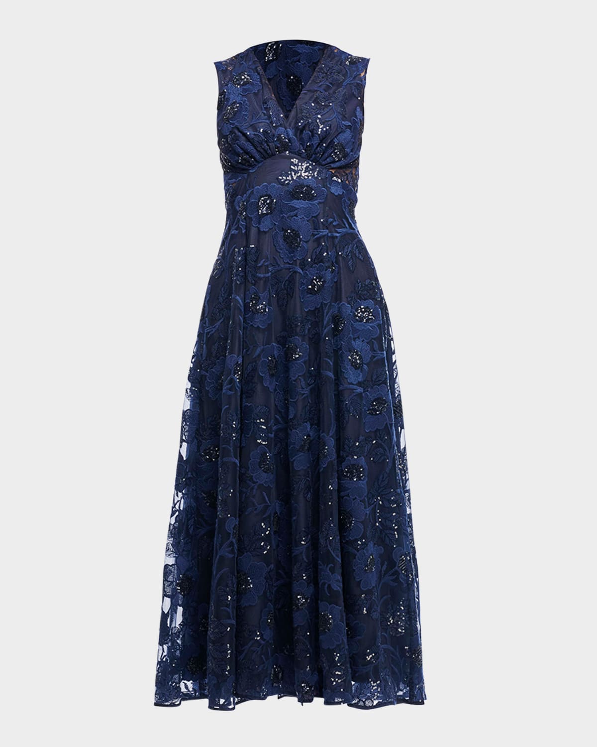 Shoshanna Elliott Sequin Floral-embroidered Midi Dress In Navy