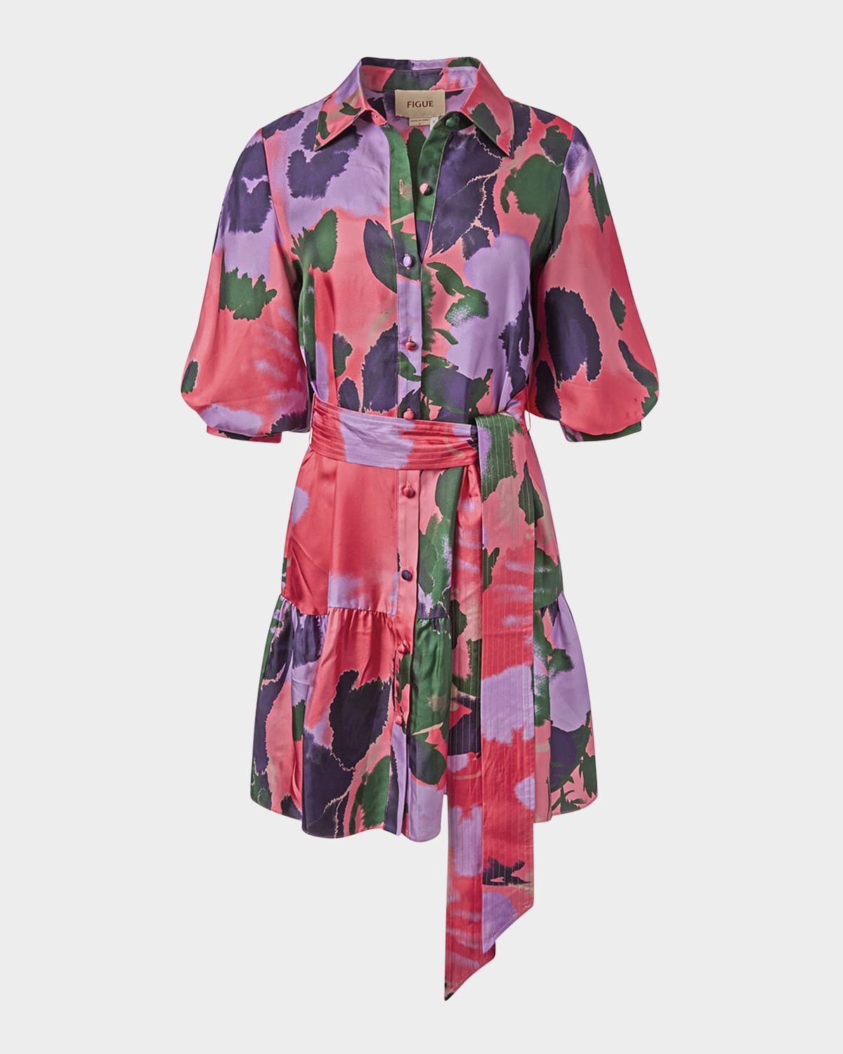 FIGUE GEORGIE BELTED PUFF-SLEEVE RUFFLE MINI SHIRTDRESS 
