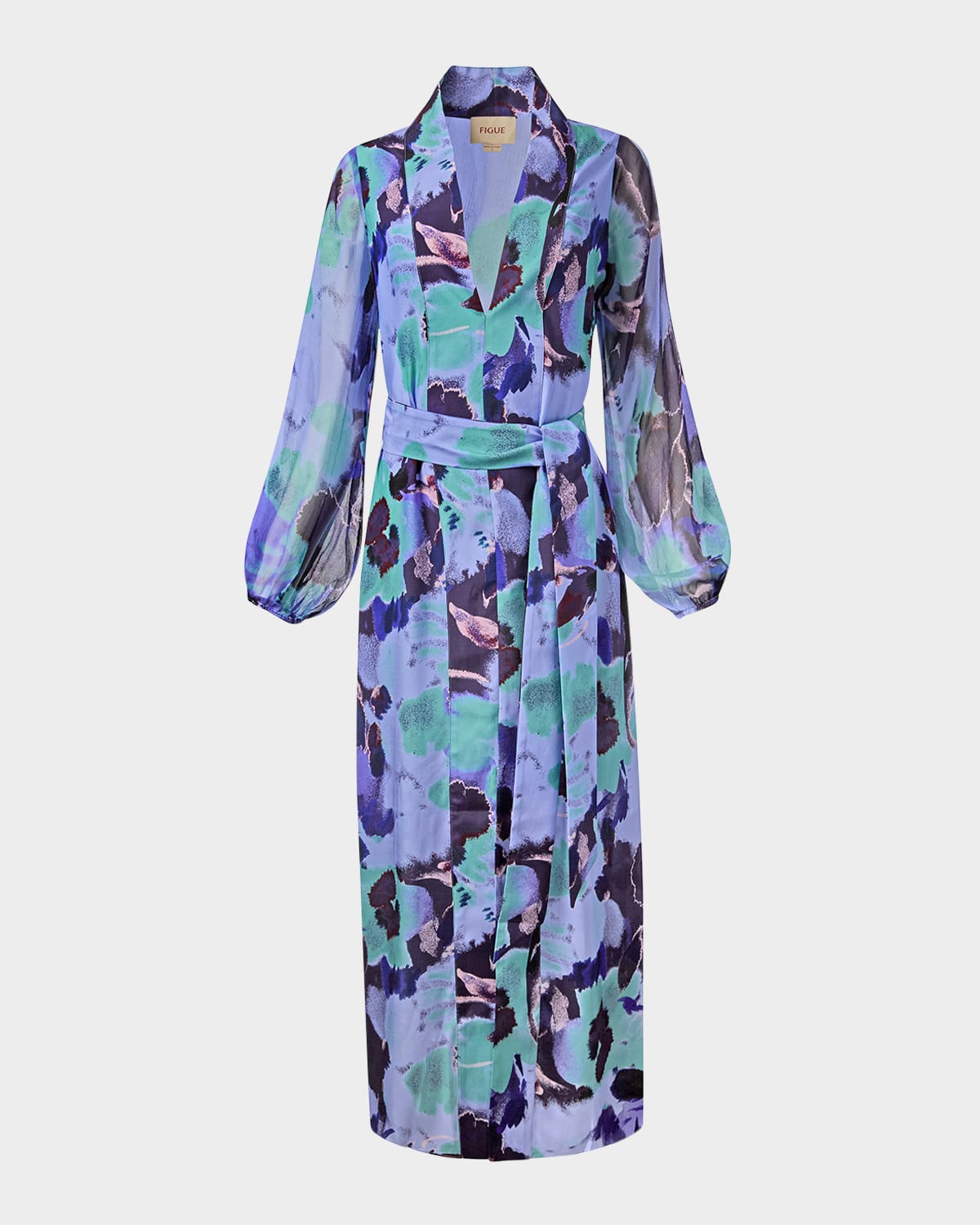FIGUE SOLANA BELTED LONG-SLEEVE SILK MAXI DRESS 
