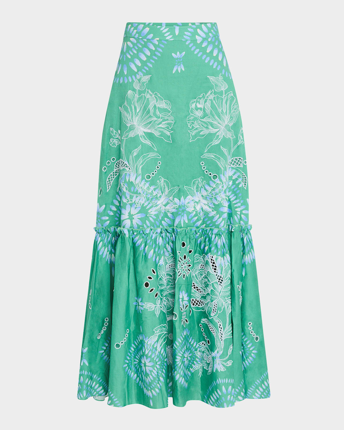 Shop Figue Jordan Floral Embroidered Flare Maxi Skirt In Painterly Medallion Apple Green