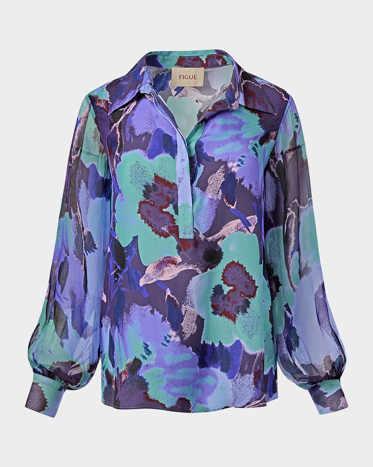 Paige Balloon-Sleeve Collared Silk Top