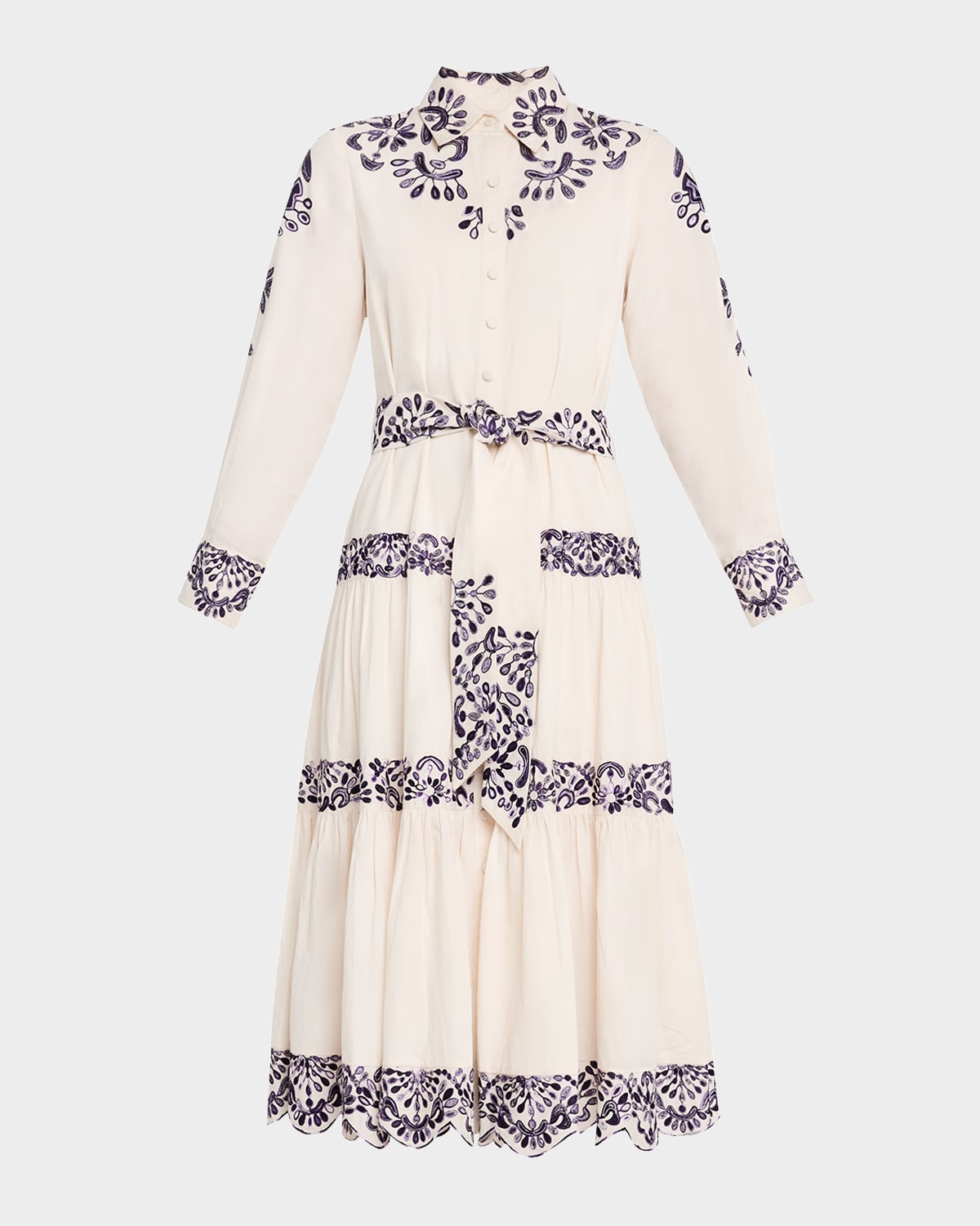 FIGUE MOLLY EMBROIDERED TIERED MIDI SHIRTDRESS 