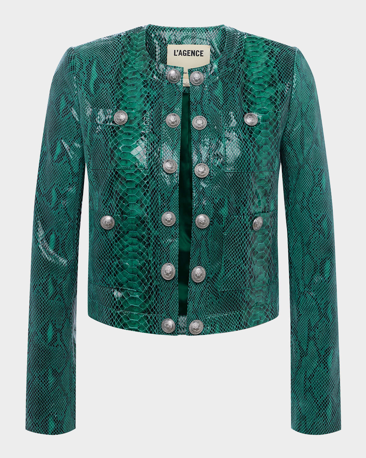 L Agence Jayde Collarless Snake-printed Leather Jacket In Jade Green Snake