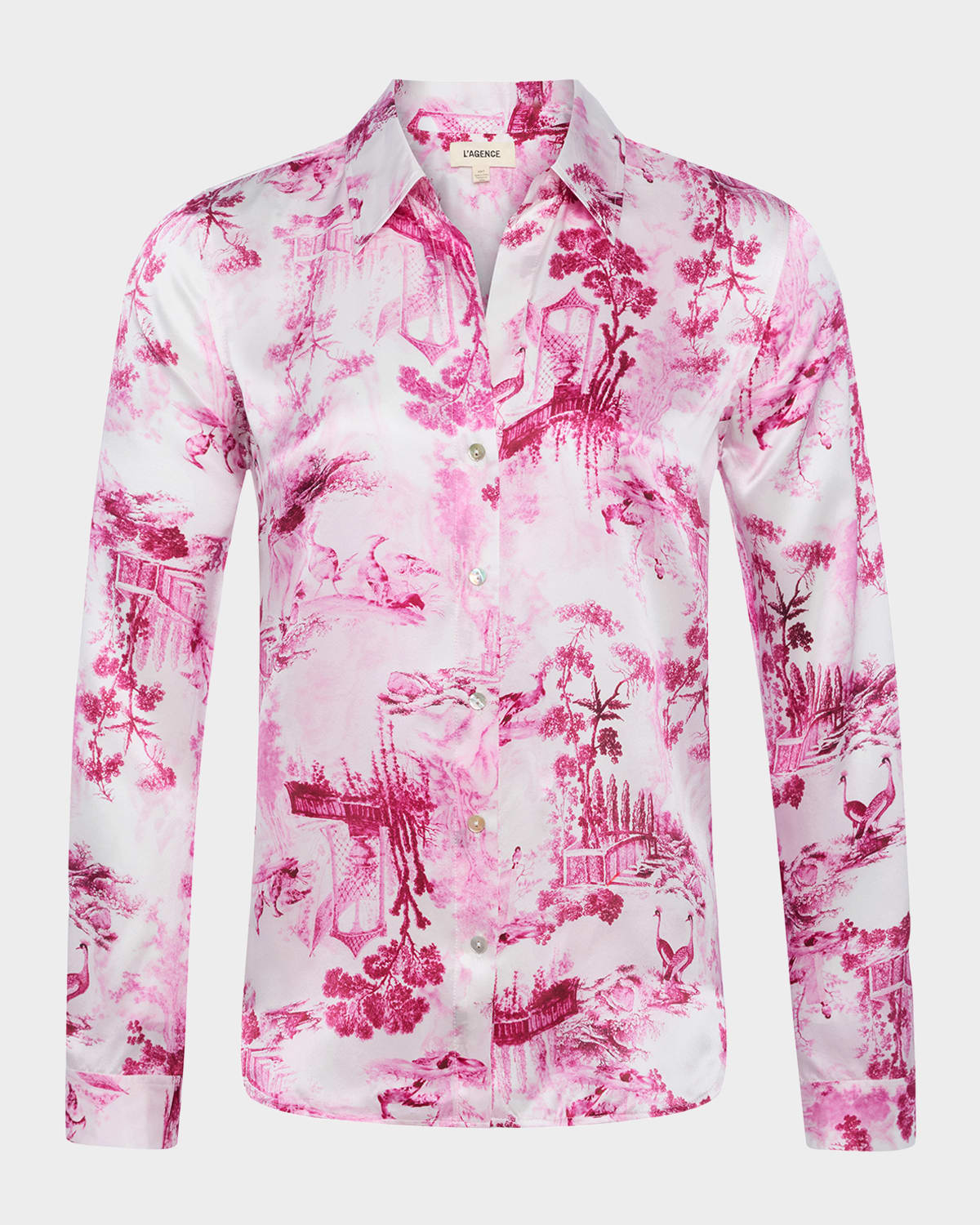 L Agence L'agence Tyler Peacock Print Silk Button-up Shirt In Whitepink Sml Porcelain Toile