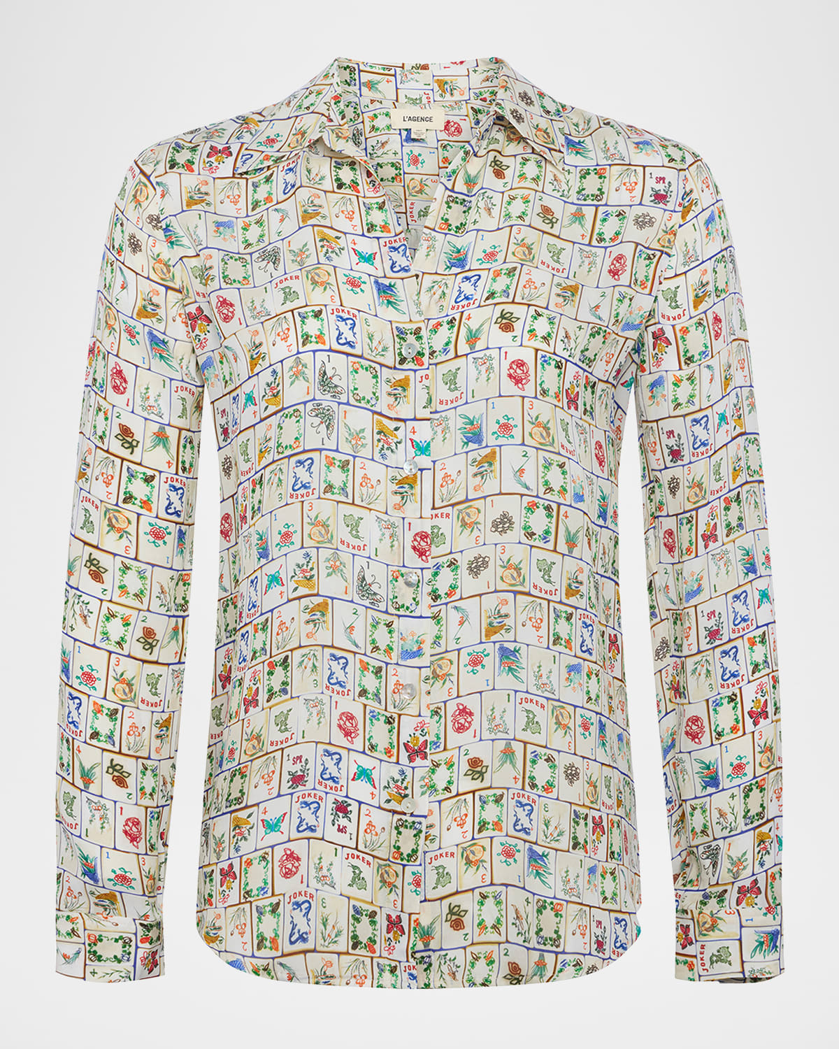 L Agence Nina Mahjong Button-front Silk Blouse In Vintage White Multi Mahjong