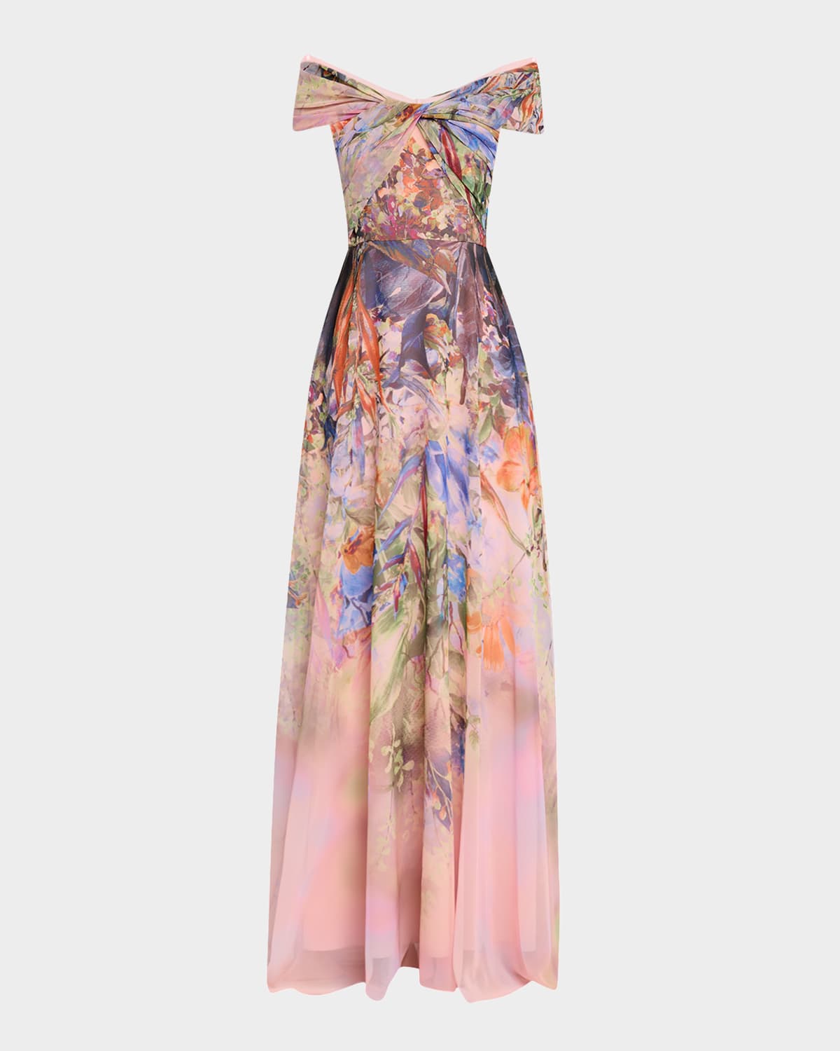 Rickie Freeman For Teri Jon Floral-print Twist Gown In Peach Mult