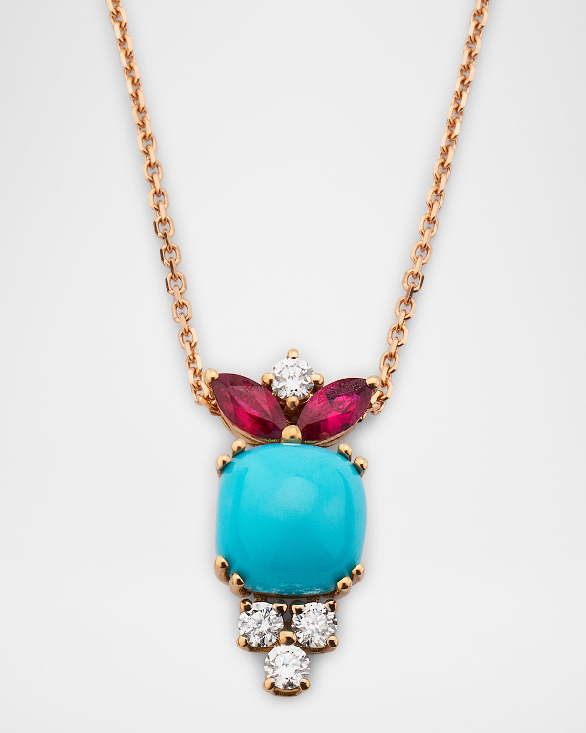 18K Rose Gold Diamond, Turquoise and Ruby Pendant Necklace