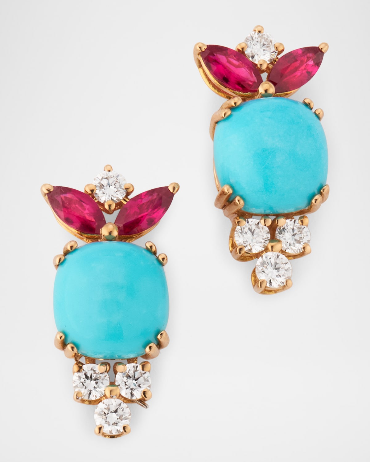 18K Rose Gold Diamond, Turquoise and Ruby Earrings