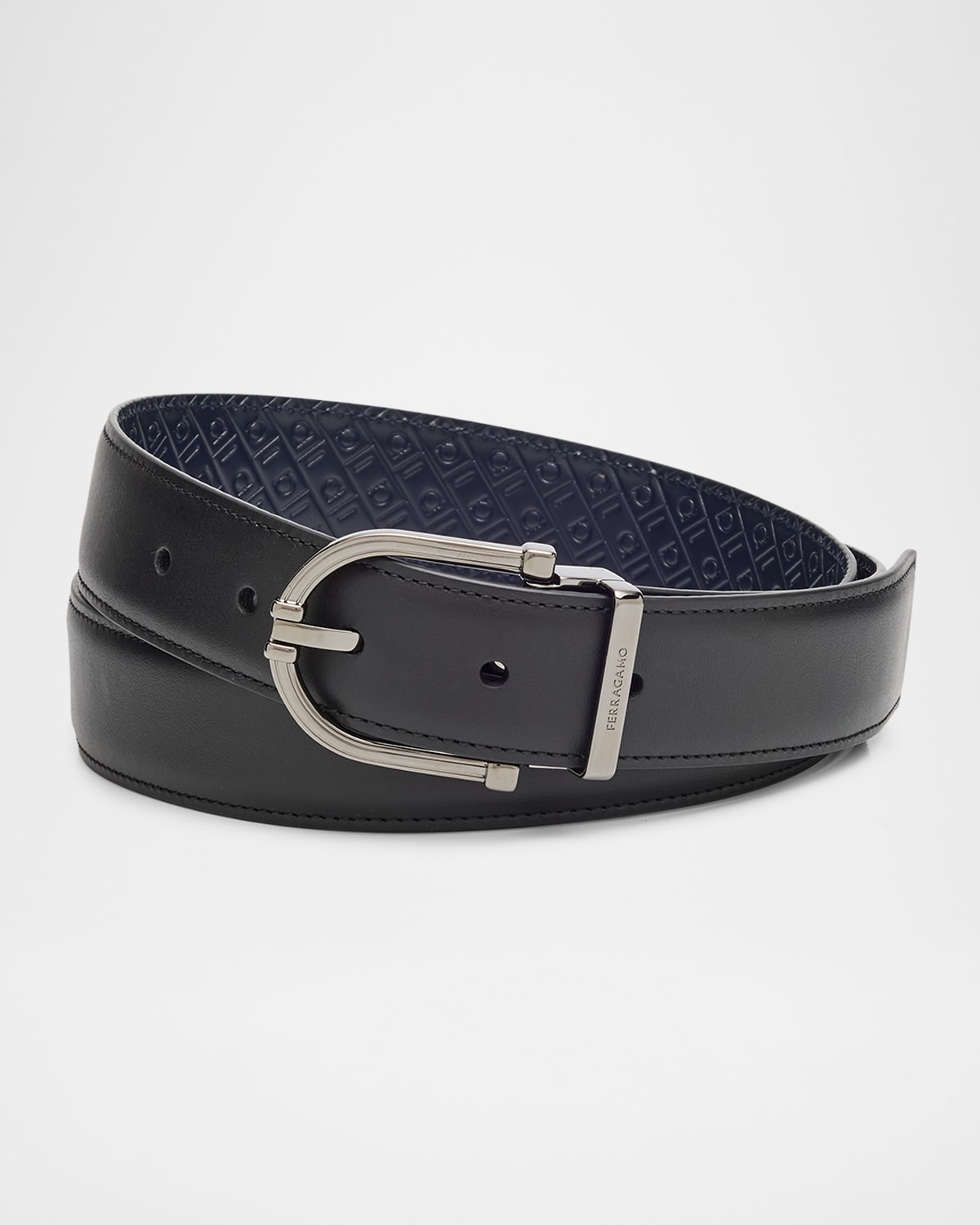 Ferragamo Men's Gancio-embossed Reversible Leather Belt In Black