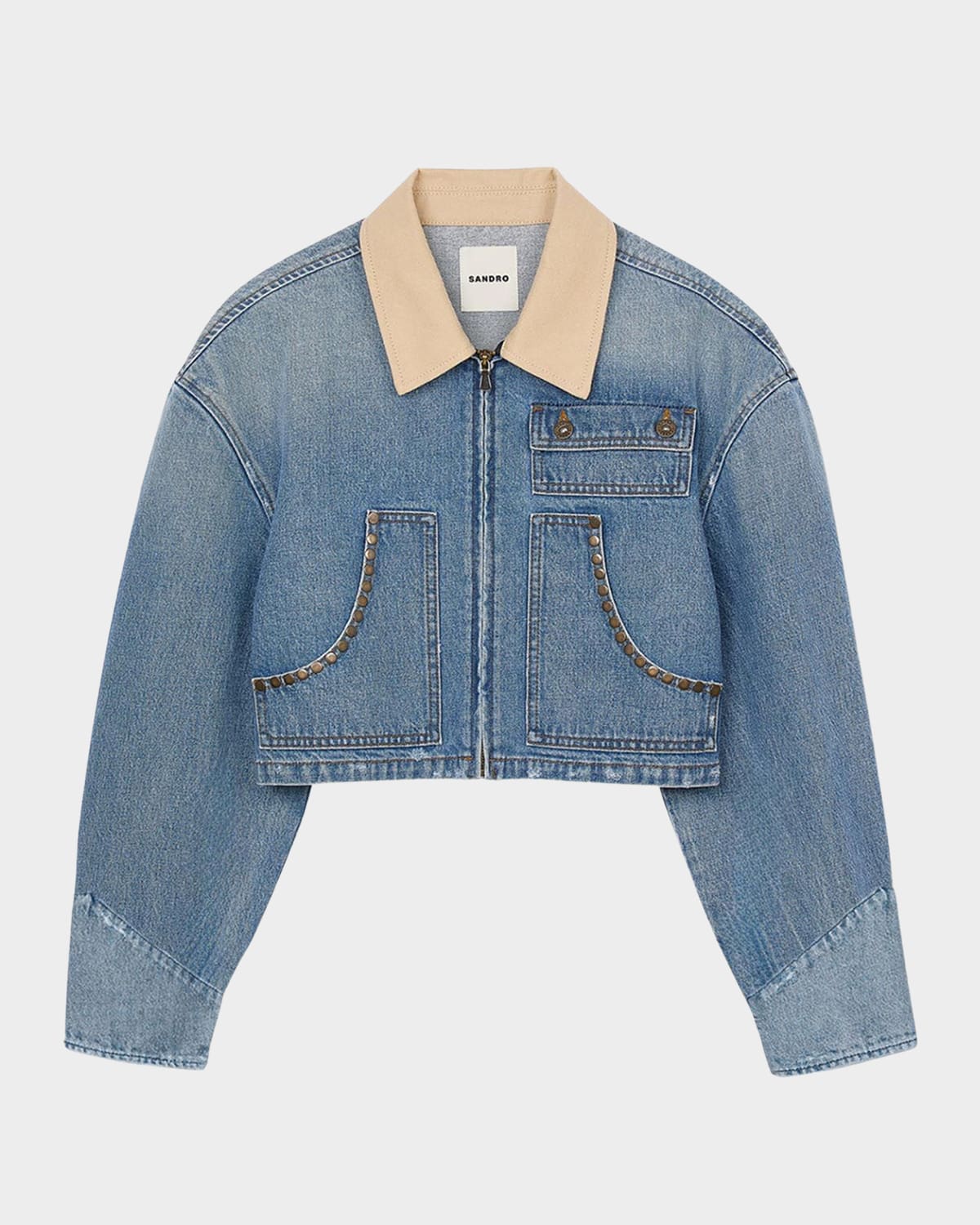 Shop Sandro Kansas Studded Denim Jacket In Blue Jean