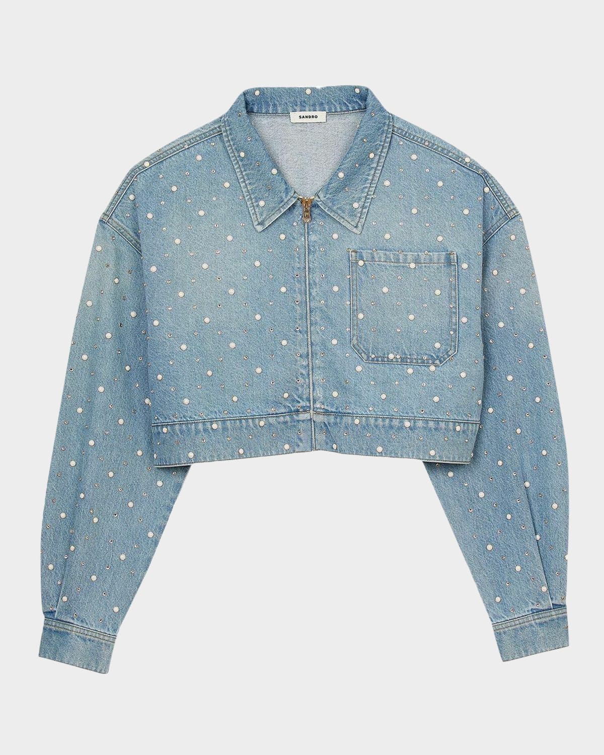 Shop Sandro Hopkins Embellished Denim Jacket In Blue Jean