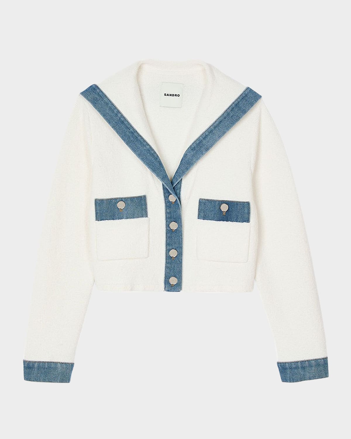 SANDRO BALUCHON DENIM-TRIM CARDIGAN 