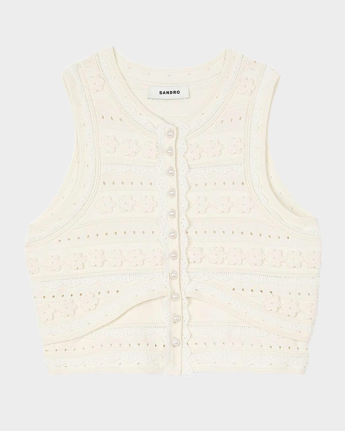 Sandro Crochet Detail Sweater In Ecru