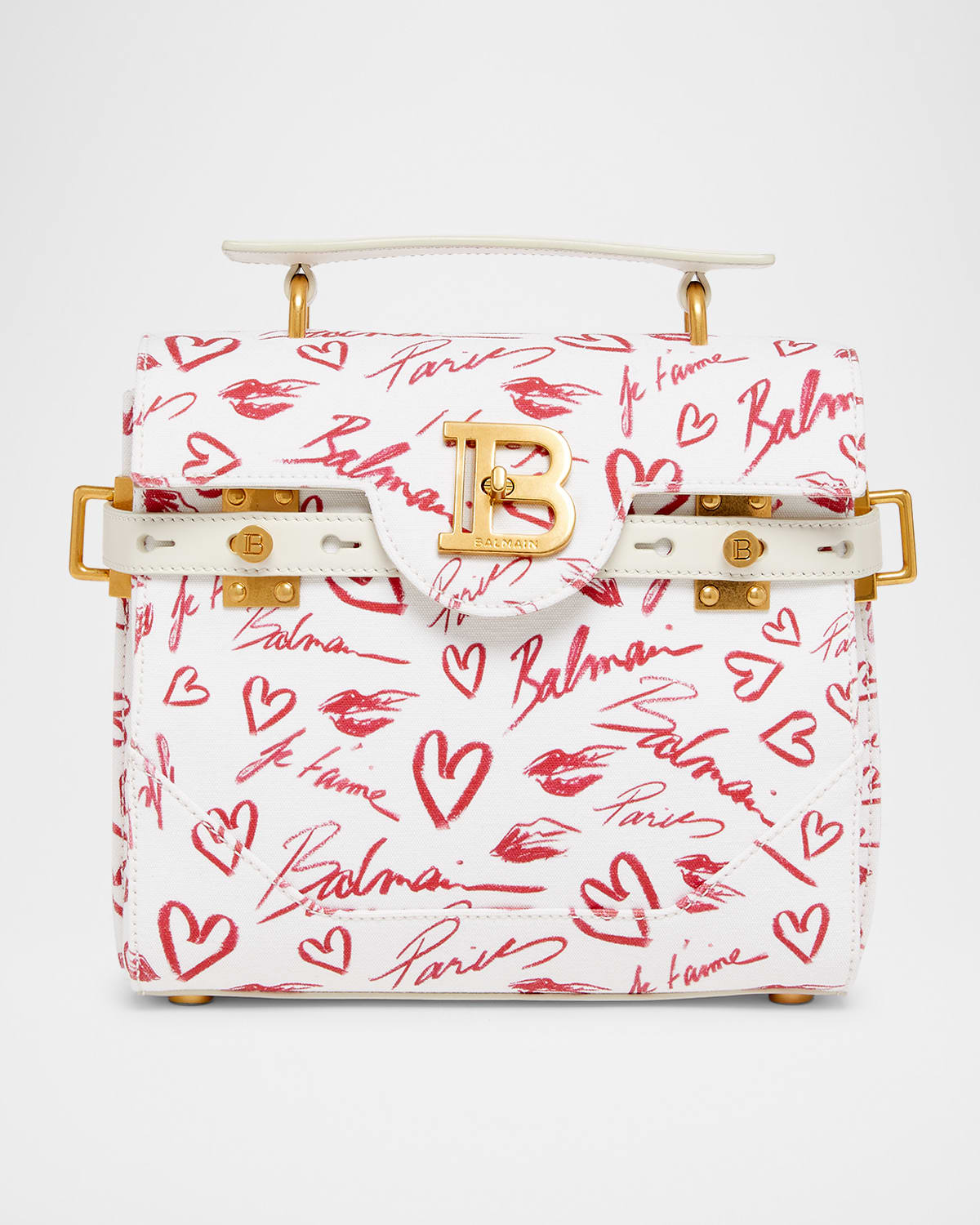 Balmain B-buzz 23 Top-handle Bag In Lipstick-print Canvas In Creme/rouge Red