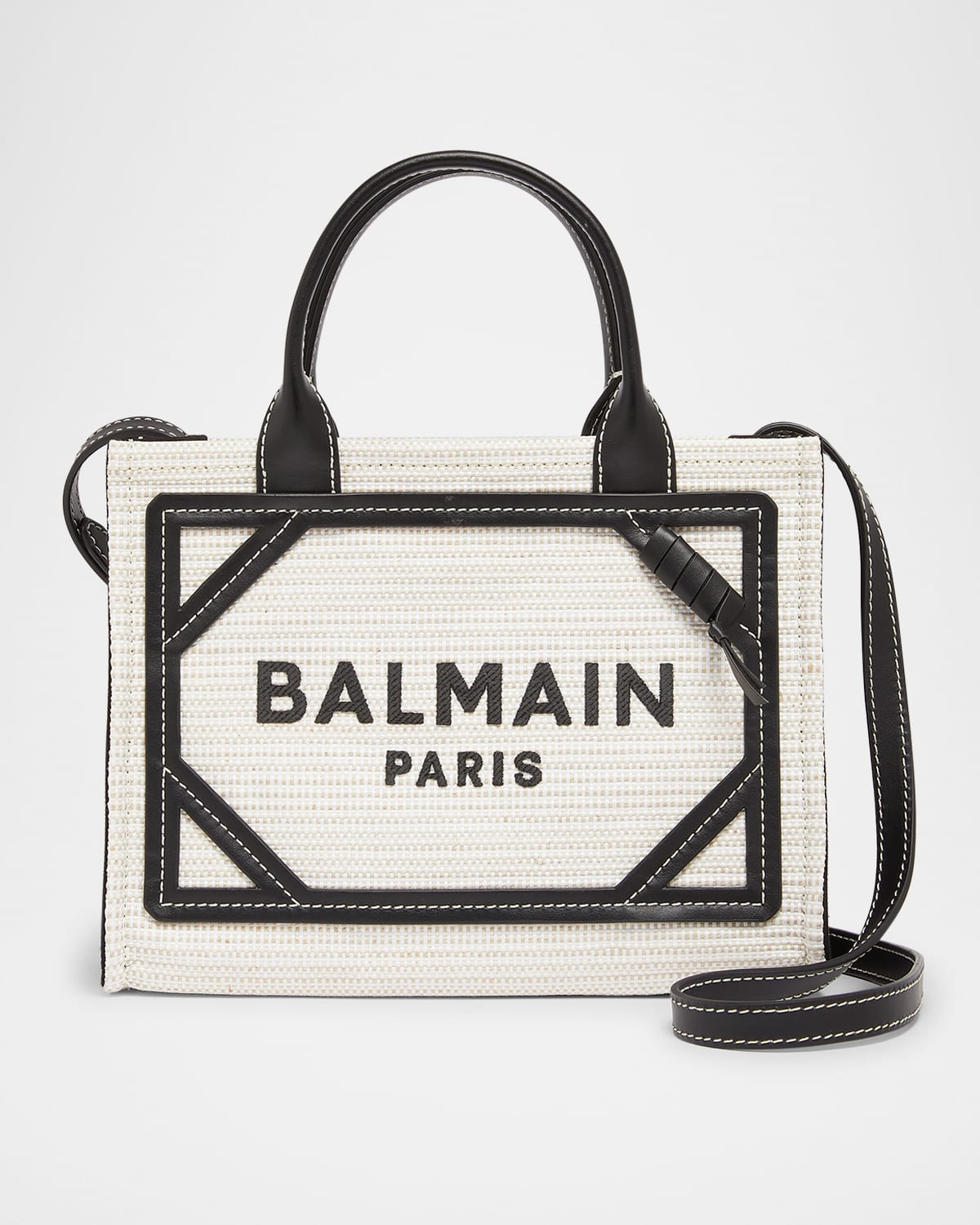 Balmain B-army Medium Shopper Tote Bag In Raffia And Leather In Gte Naturelnoir