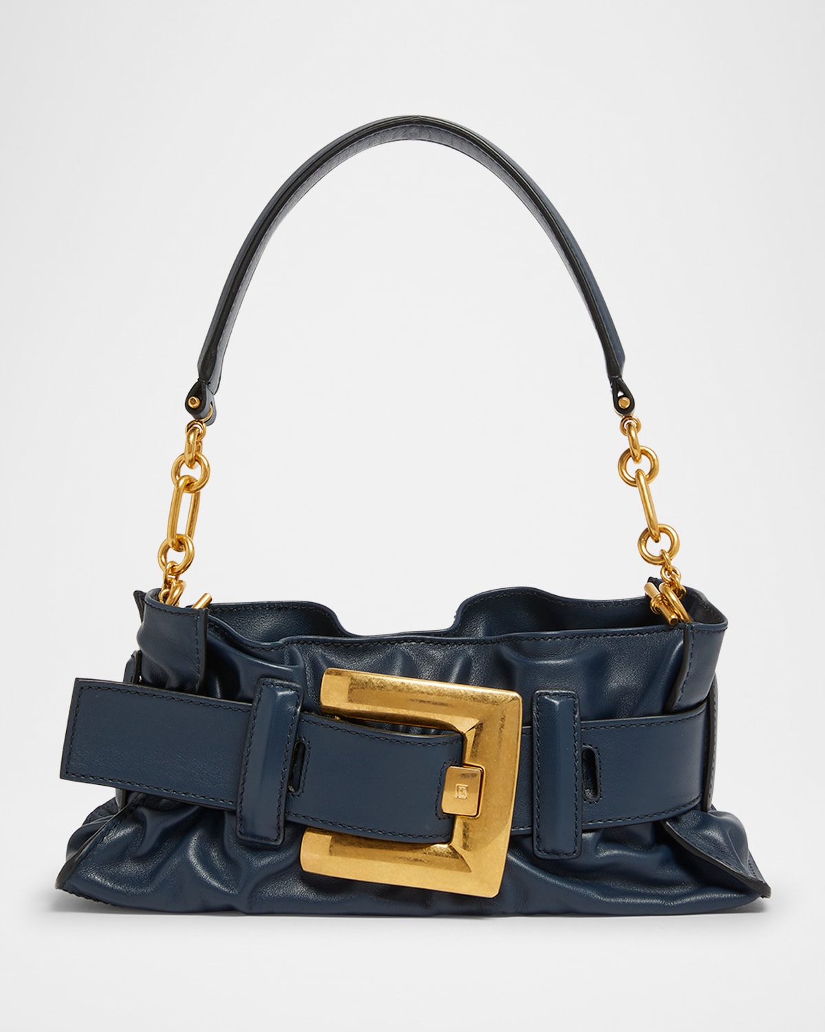 Balmain Anthem Mini Buckle Shoulder Bag In Calfskin Leather In Blue
