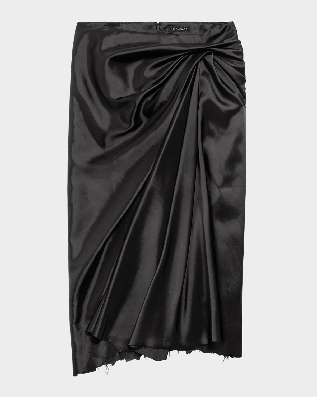 Balenciaga Asymmetric Frayed Gathered Draped Satin Midi Skirt In 1000 Black