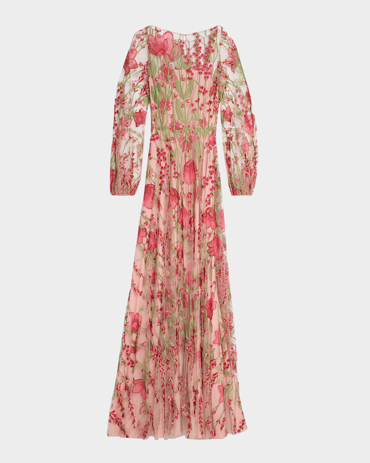 Naeem Khan Floral Embroidered Blouson-sleeve Gown In Pink Multi