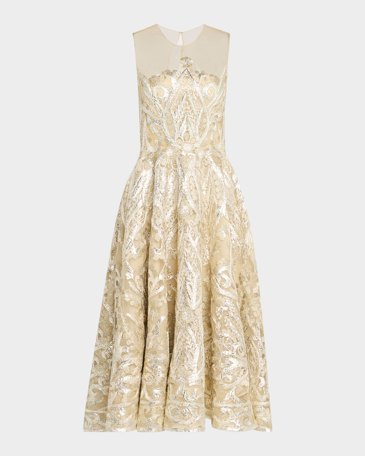 Ribbon Embroidered Tea-Length Illusion Dress