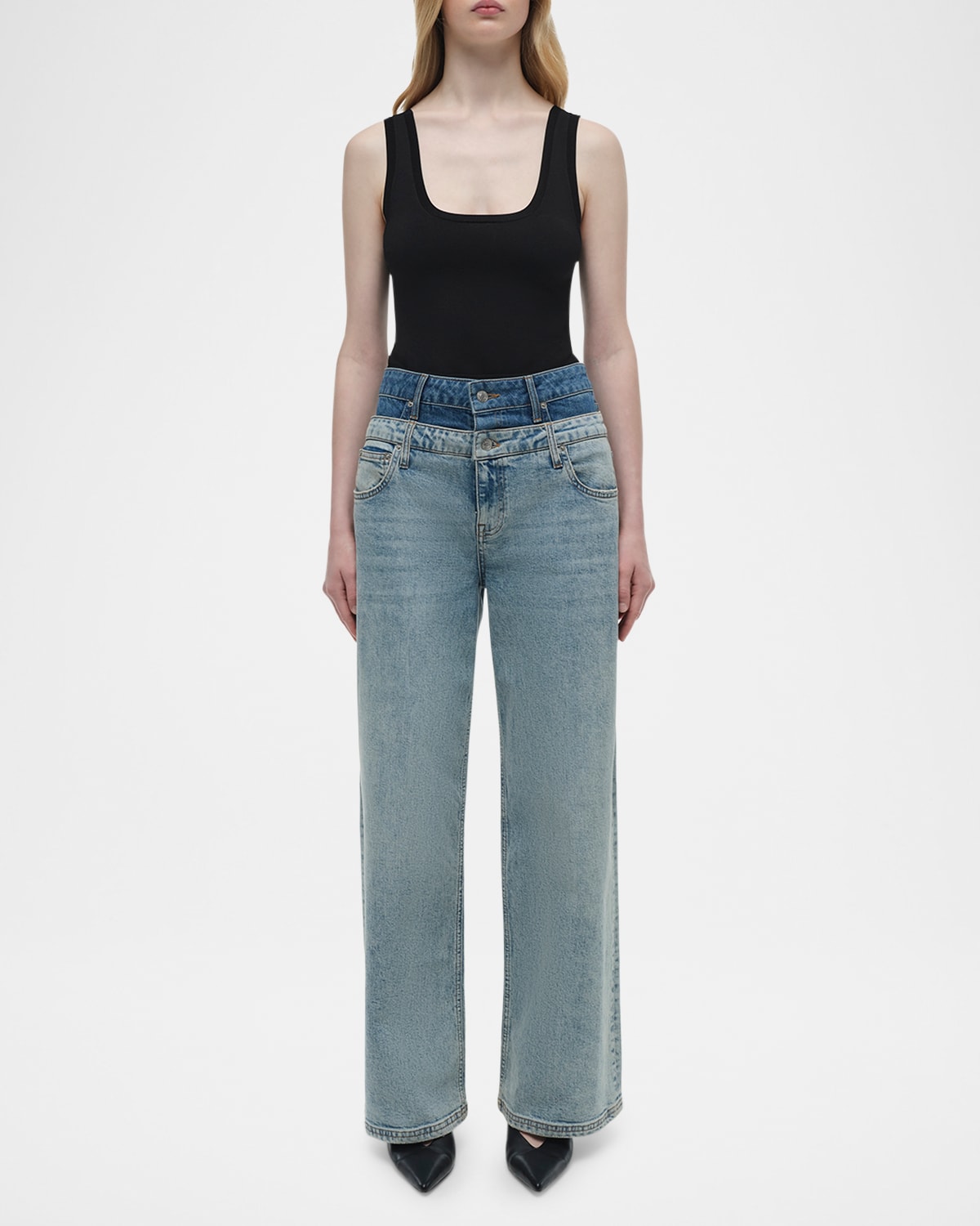 Shop Simkhai Kove Double-waist Jeans In Two Tone Del Mar