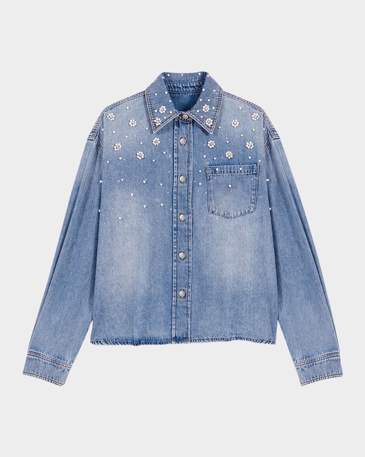 Maje Denim Shirt With Embroidered Beads In Blue